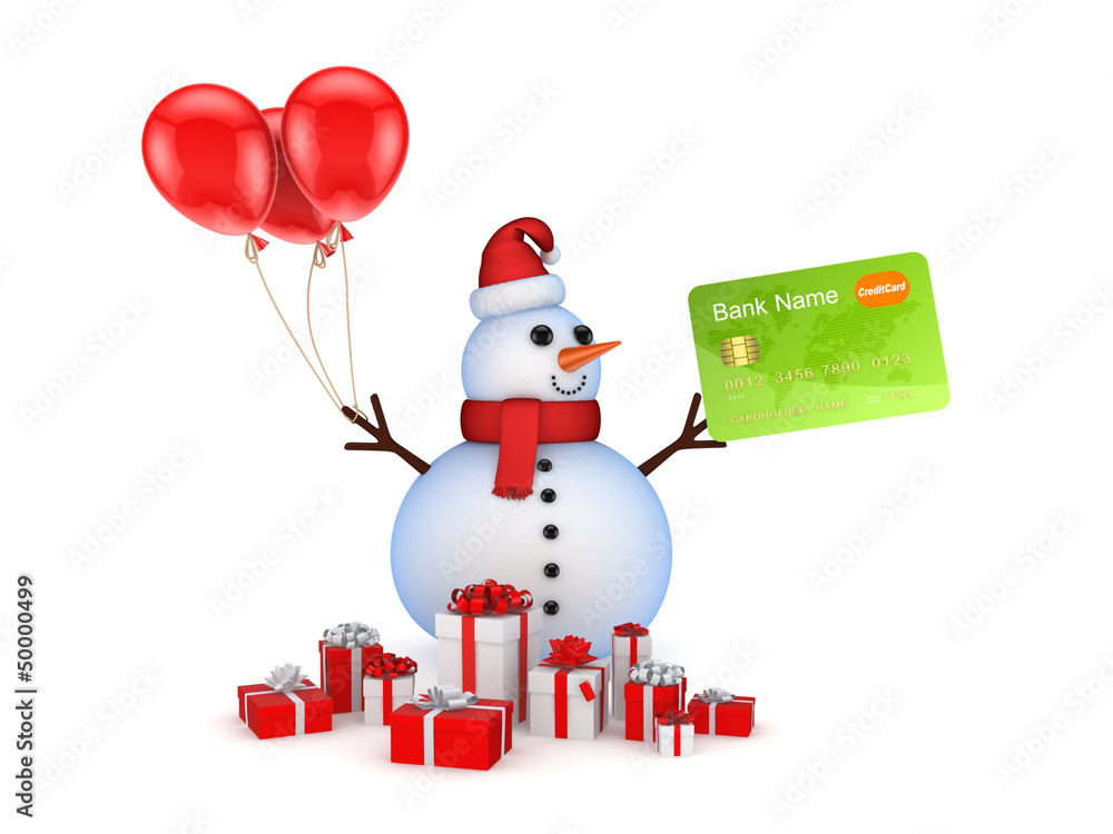 Snowman with credit card and gift boxes. Snowman with credit card and gift boxes.
