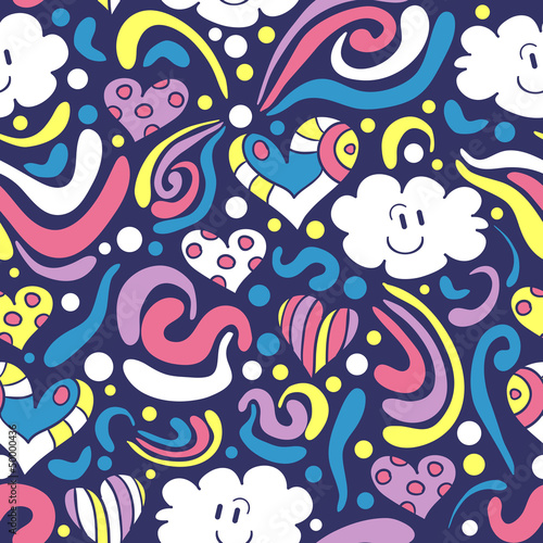 Cute colorful seamless pattern with happy clouds