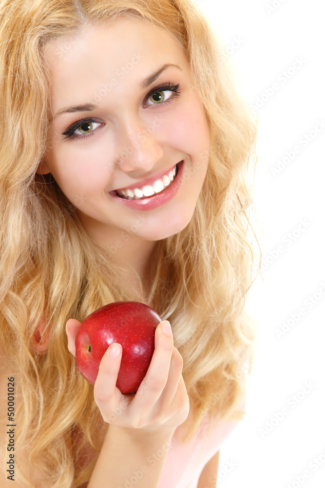Young happy healthy woman with fresh ripe red apple Young happy healthy woman with fresh ripe red apple