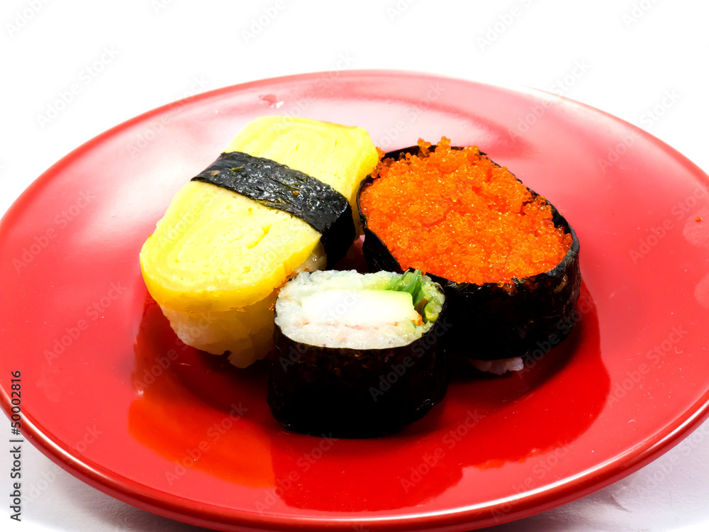 Sushi on the red dish Sushi on the red dish