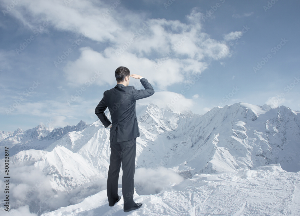 businessman looking to winter mountains businessman looking to winter mountains