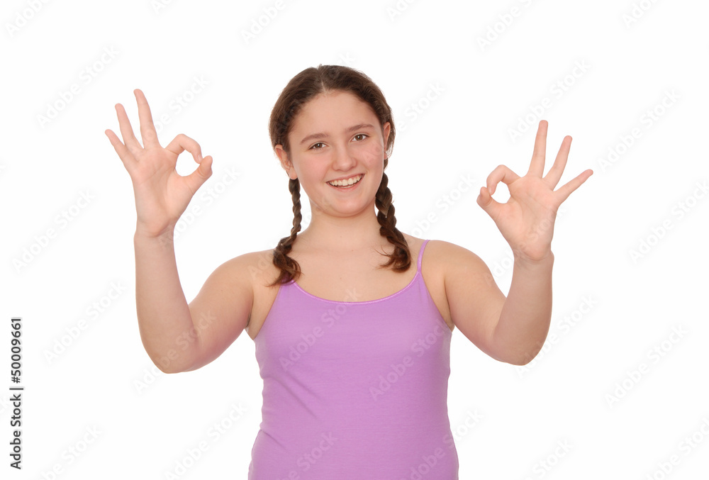 Happy girl shows OK sign. Happy girl shows OK sign.