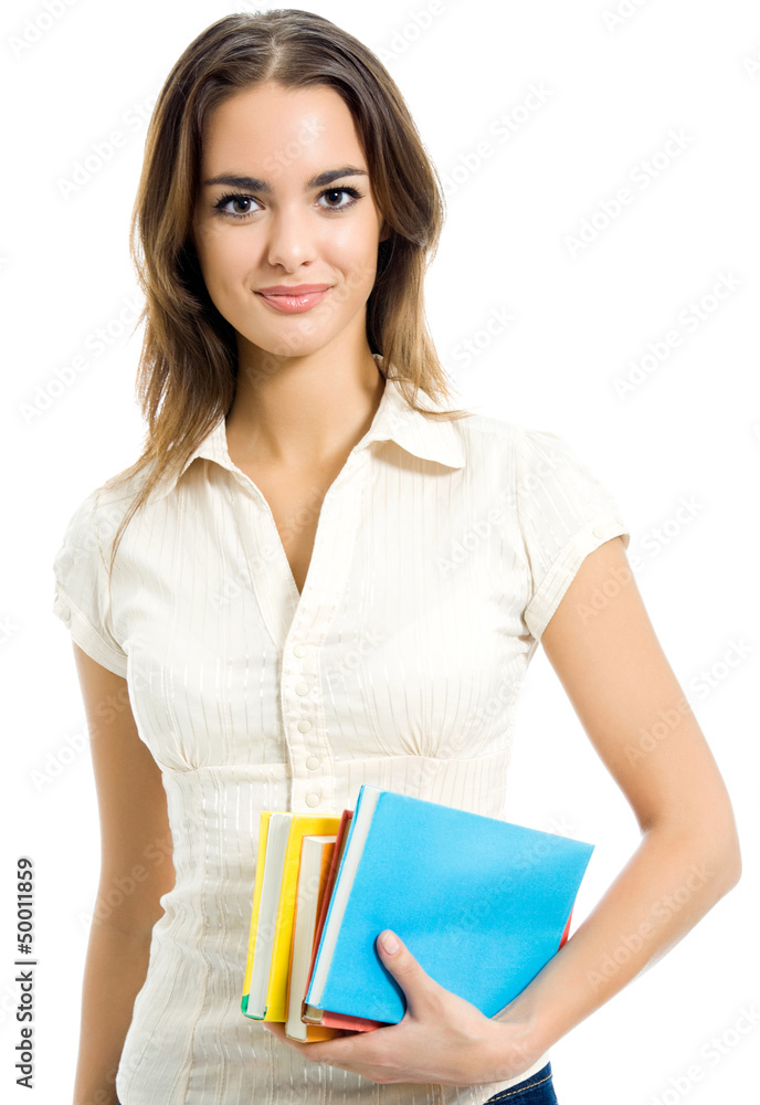 Young smiling woman with textbooks, isolated Young smiling woman with textbooks, isolated