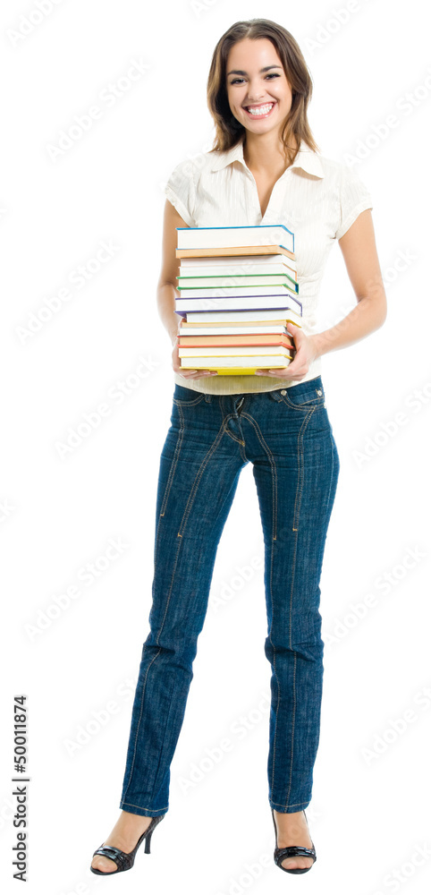 Full body of young happy woman with textbooks Full body of young happy woman with textbooks