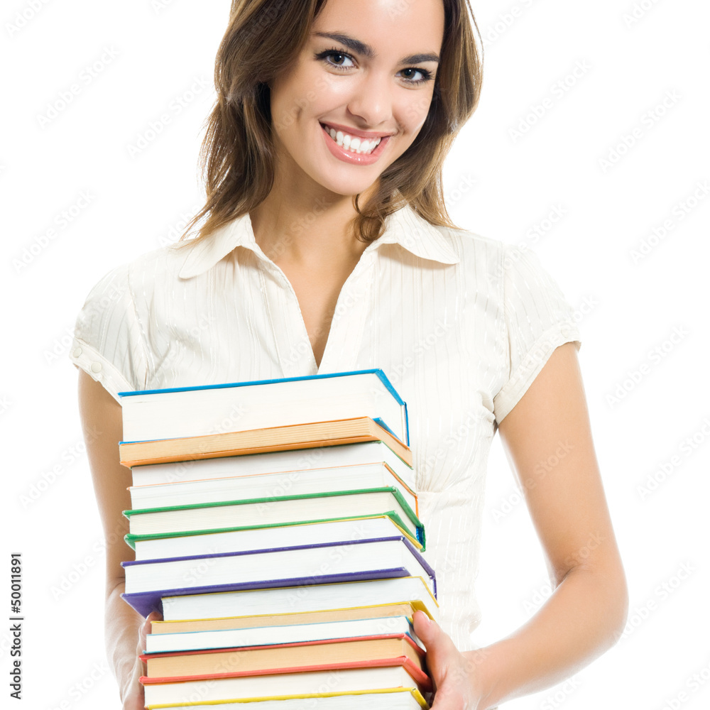 Young smiling woman with textbooks, isolated Young smiling woman with textbooks, isolated