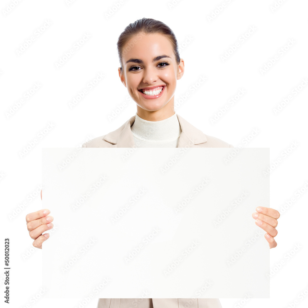 Businesswoman showing blank signboard, on white Businesswoman showing blank signboard, on white
