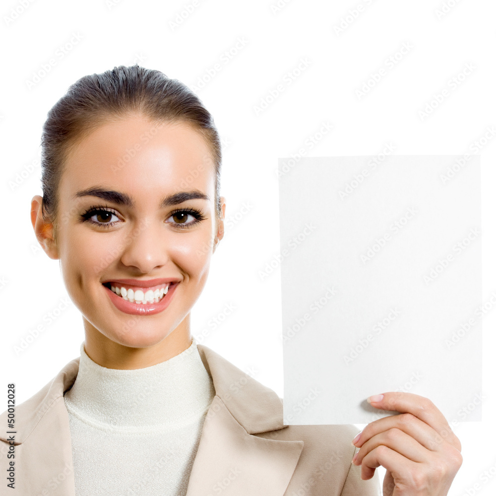 Businesswoman showing blank signboard, on white Businesswoman showing blank signboard, on white