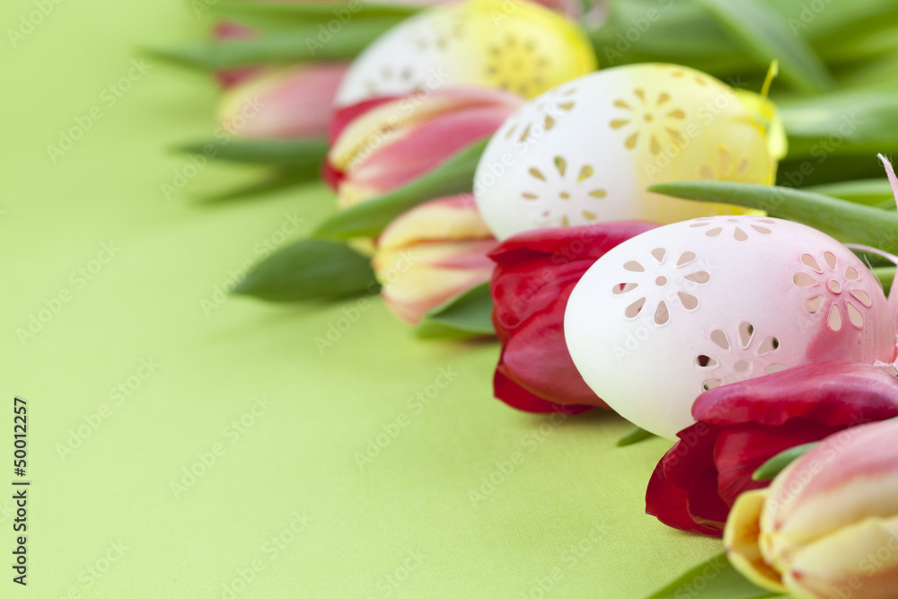 Flowery Easter eggs and tulips border Flowery Easter eggs and tulips border