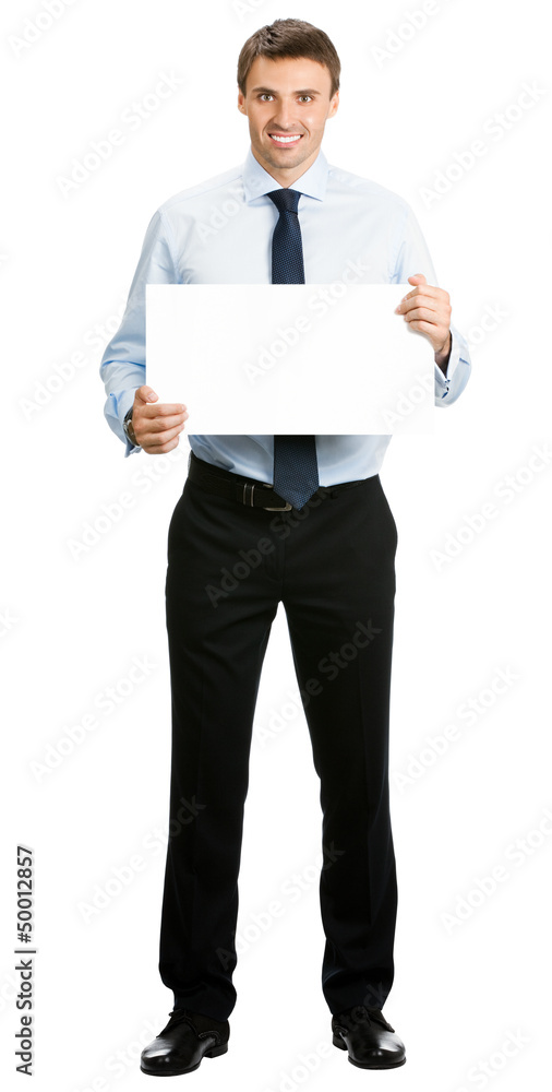 Businessman showing blank signboard, isolated Businessman showing blank signboard, isolated