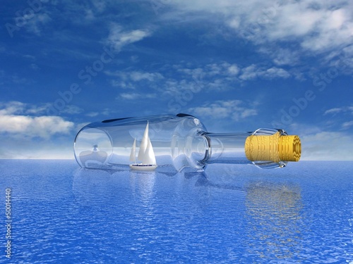 Sailing yacht in the bottle. Concept - protection of travel.