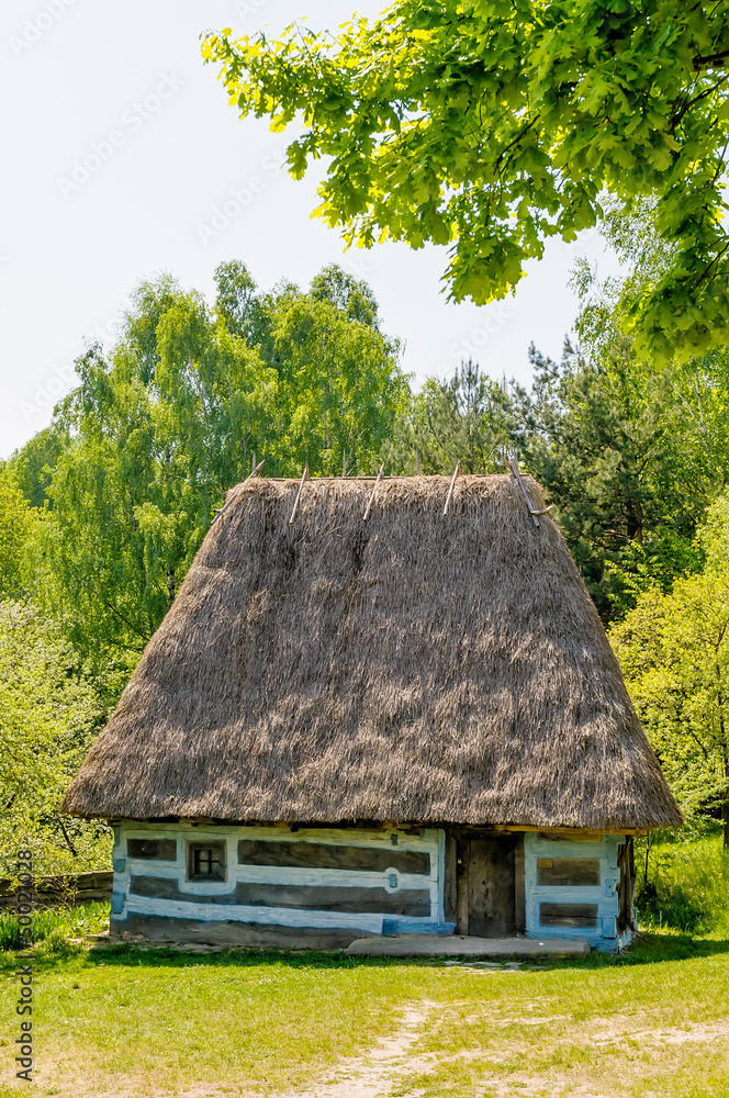 A typical antique Ukrainian wooden country house, or farm, with a thatch roof, in the countryside near Kiev	