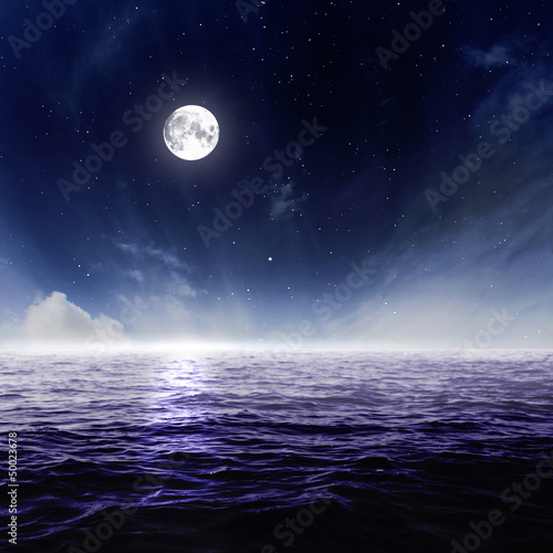 Quadro em tela Full moon in night sky over moonlit water