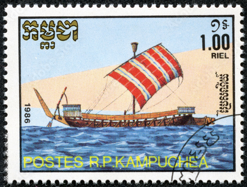 stamp printed in Cambodia shows sailing vessels
