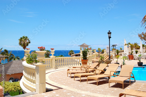 Sea view terrace of the luxury hotel's restaurant, Tenerife isla