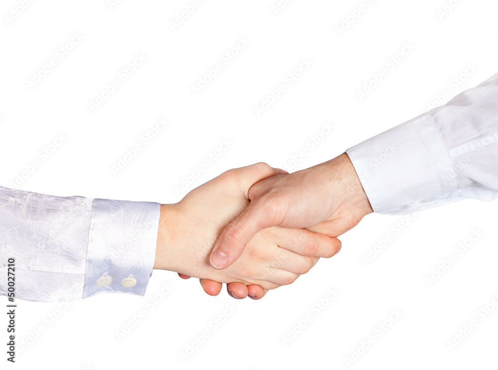 Man and woman shaking hands isolated on white background