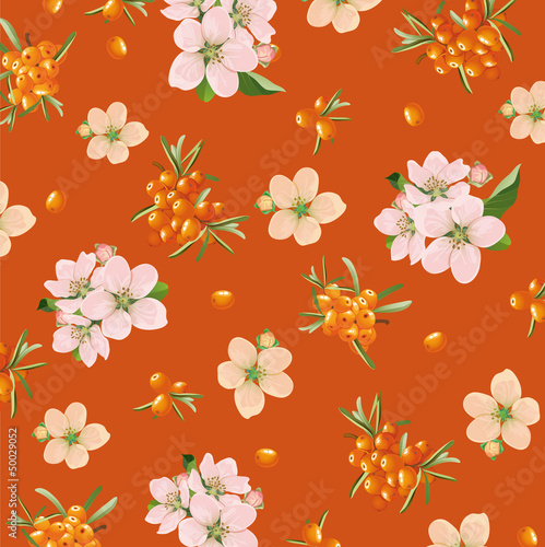 background of sea buckthorn and flowers