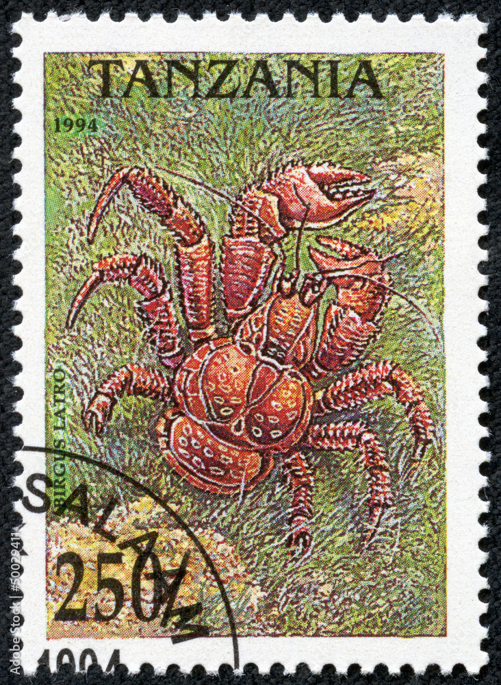 Obraz premium stamp printed in Tanzania shows crab(birgus latro)