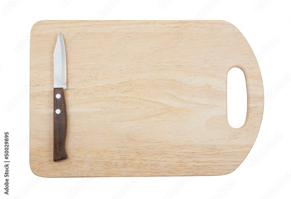 Knife on cutting board isolated on white