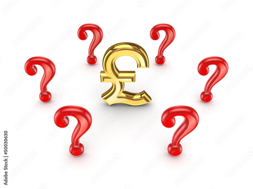 Red query marks around pound sterling sign. Red query marks around pound sterling sign.