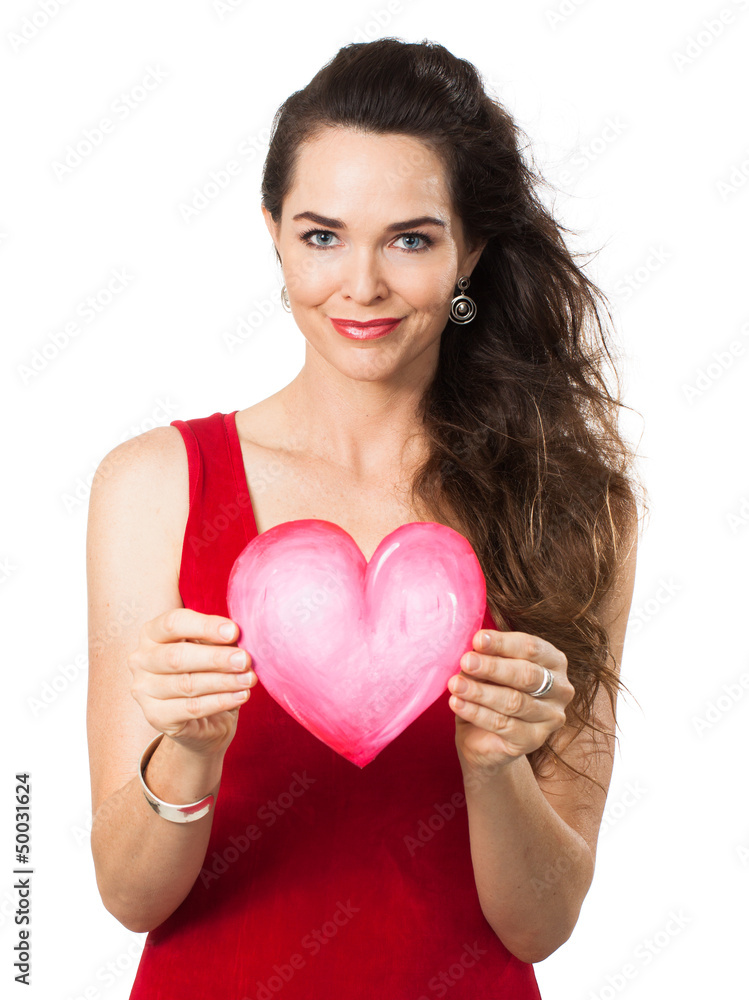 Beautiful young woman holding red love heart. Beautiful young woman holding red love heart.