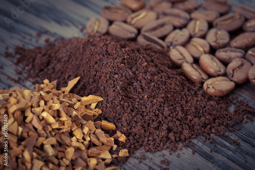 Set of instant, ground coffee and coffee beans