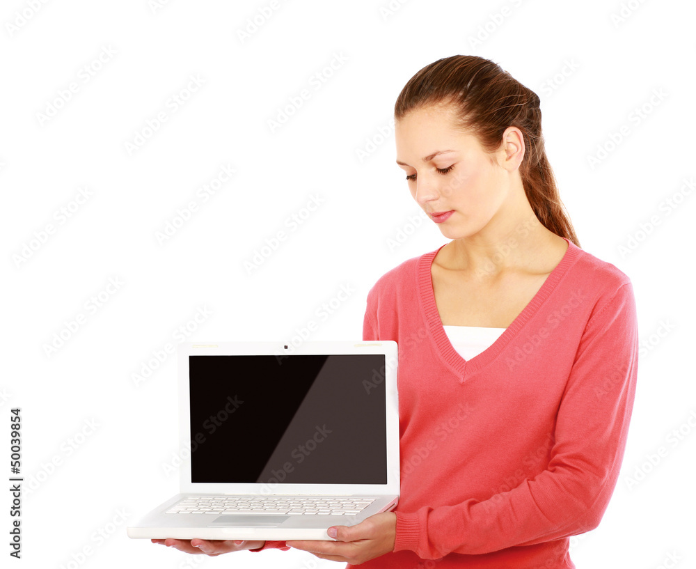 A girl holding laptop isolated on white background A girl holding laptop isolated on white background