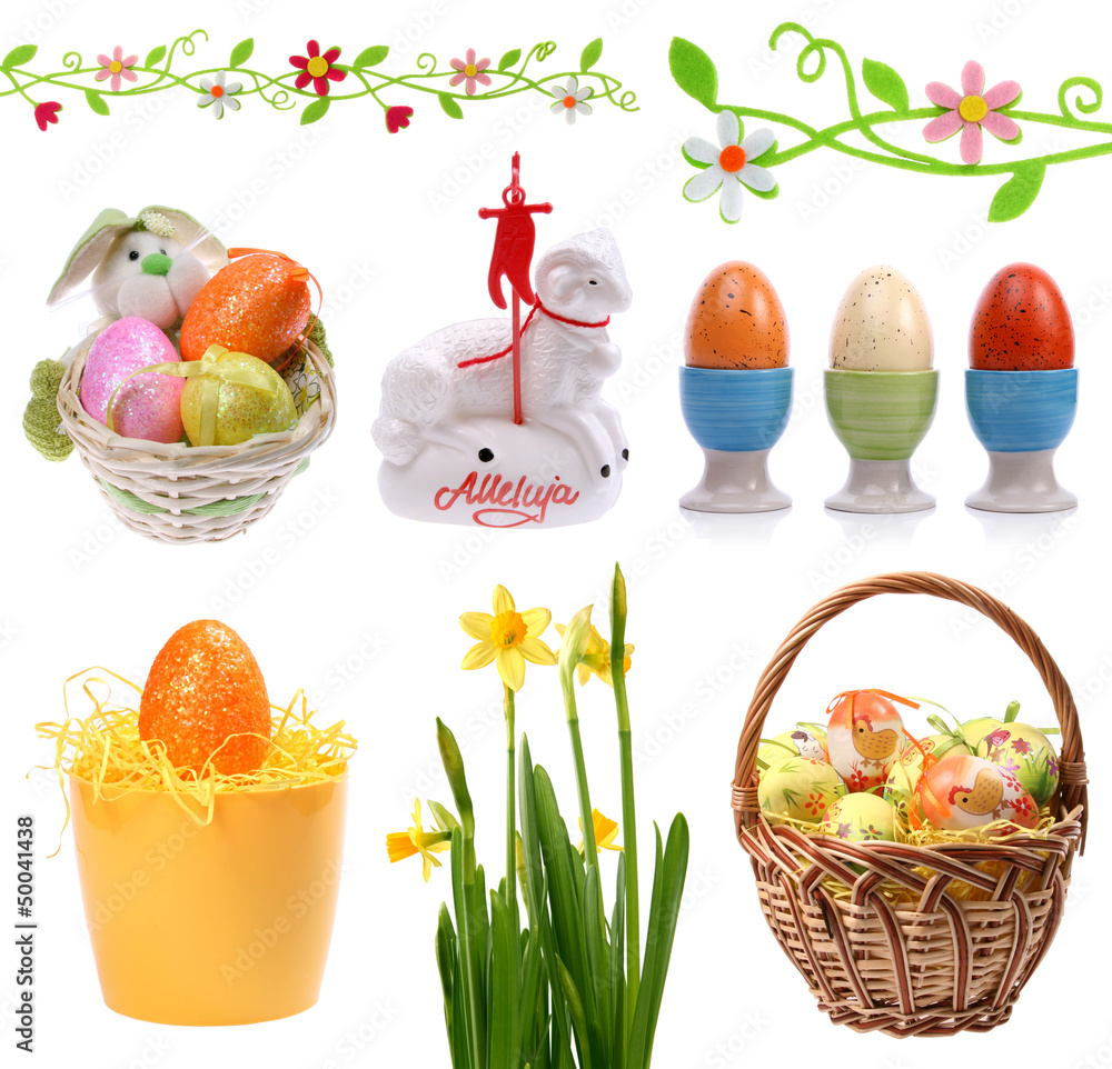 Decorations isolated on white for Easter card project - obrazy, fototapety, plakaty 