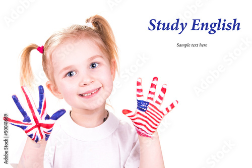 American and English flags on child's hands.