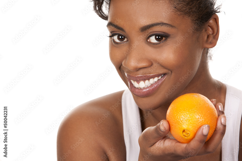 woman with an orange woman with an orange