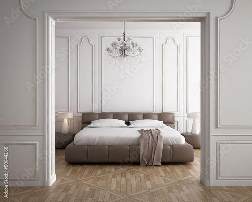 Canvas Print Luxury minimal white bedroom with vintage wood floor