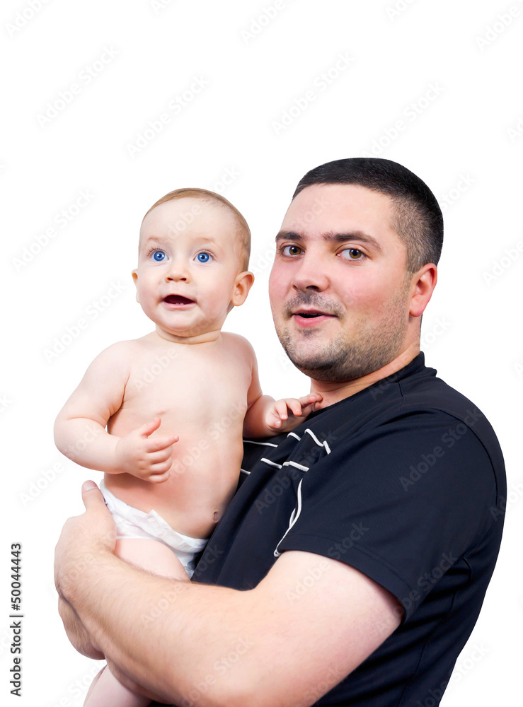 Father holds on hands young son Father holds on hands young son
