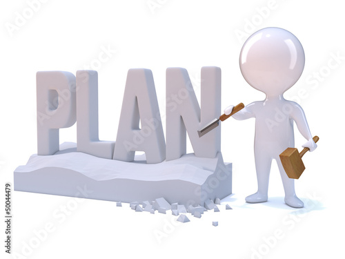 Little man carves the word 