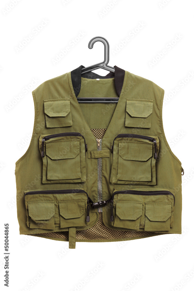 Dark green hunter vest on a hanger Dark green hunter vest on a hanger