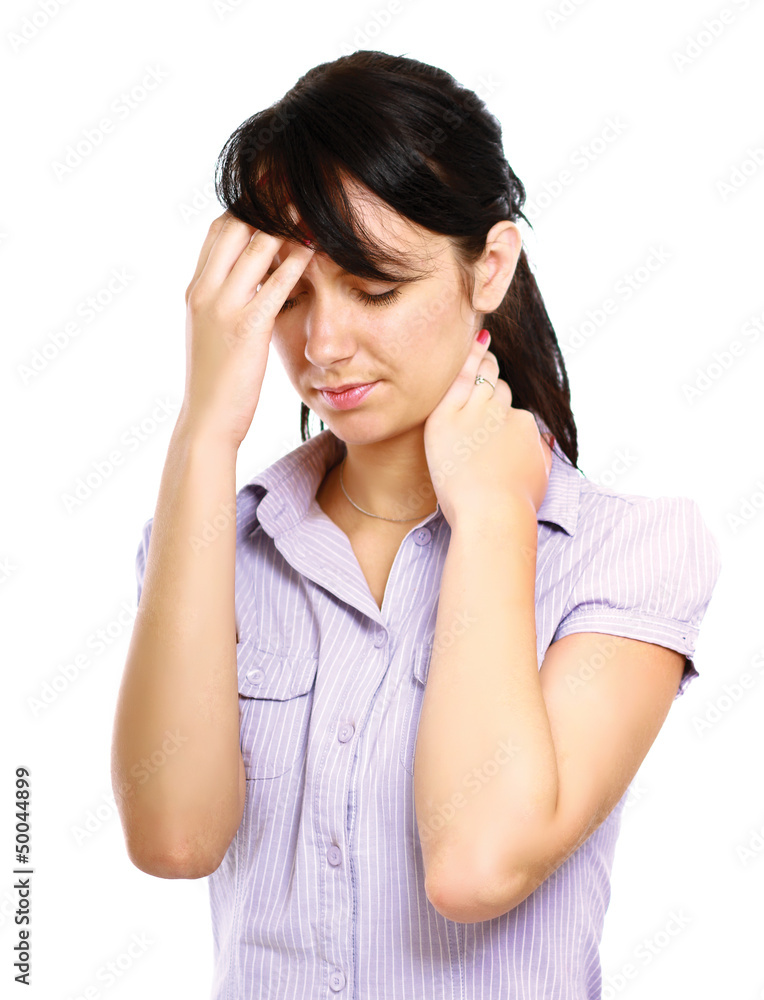 Young woman with head pain on white background Young woman with head pain on white background