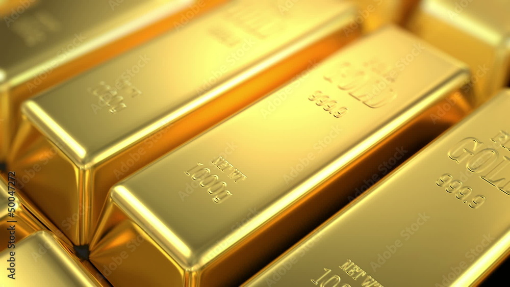 slow flight over gold bars, seamless looping 3d animation slow flight over gold bars, seamless looping 3d animation