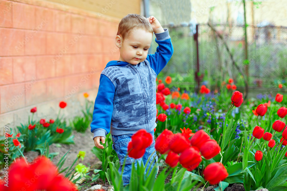 cute baby boy in colorful spring garden cute baby boy in colorful spring garden