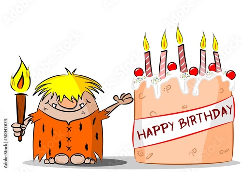Cartoon Caveman with Happy Birthday Cake