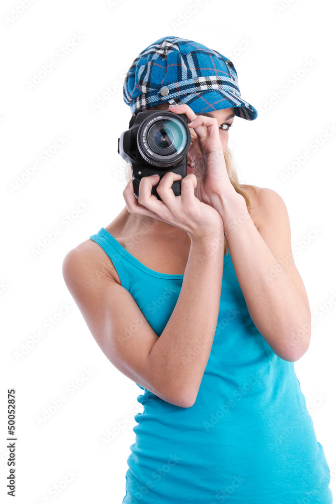 Fotografin isoliert in Blau mit Spiegelreflexkamera Fotografin isoliert in Blau mit Spiegelreflexkamera