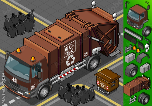 Detailed illustration of a isometric humid waste garbage truck