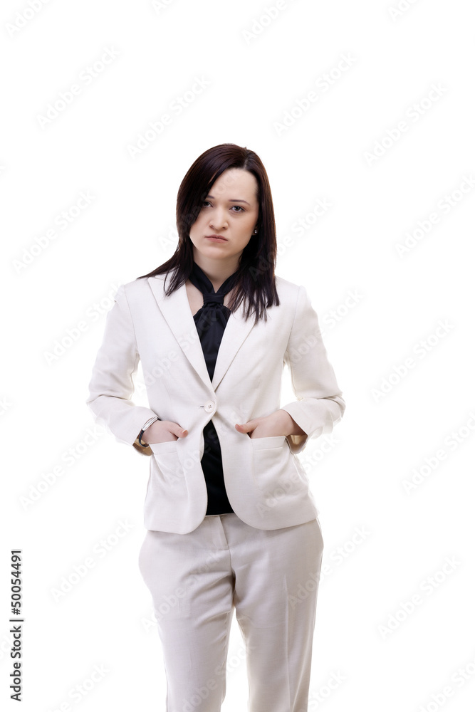 Gorgeous businesswoman in white suite isolated on white