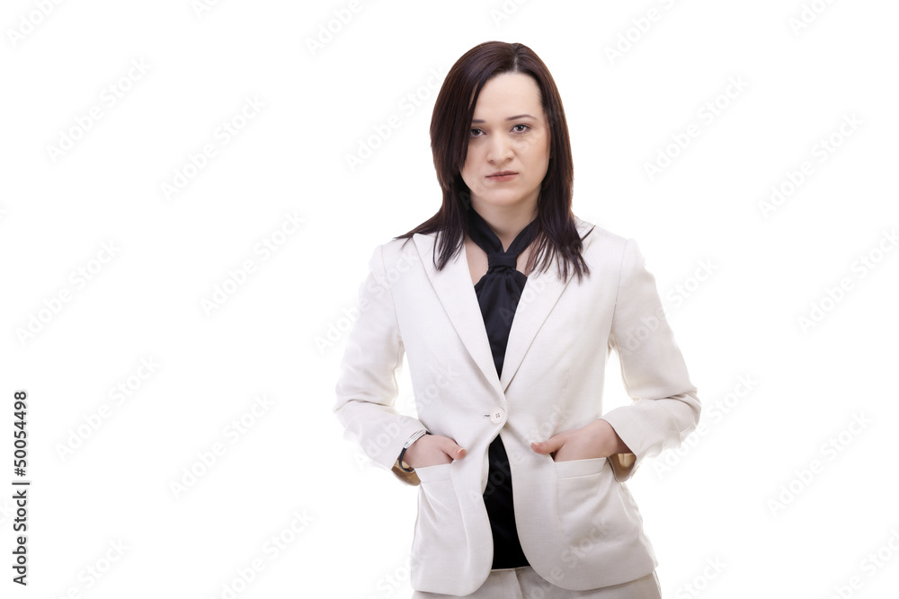 Caucasian Businesswoman in a white suit isolated on white backgr Caucasian Businesswoman in a white suit isolated on white backgr