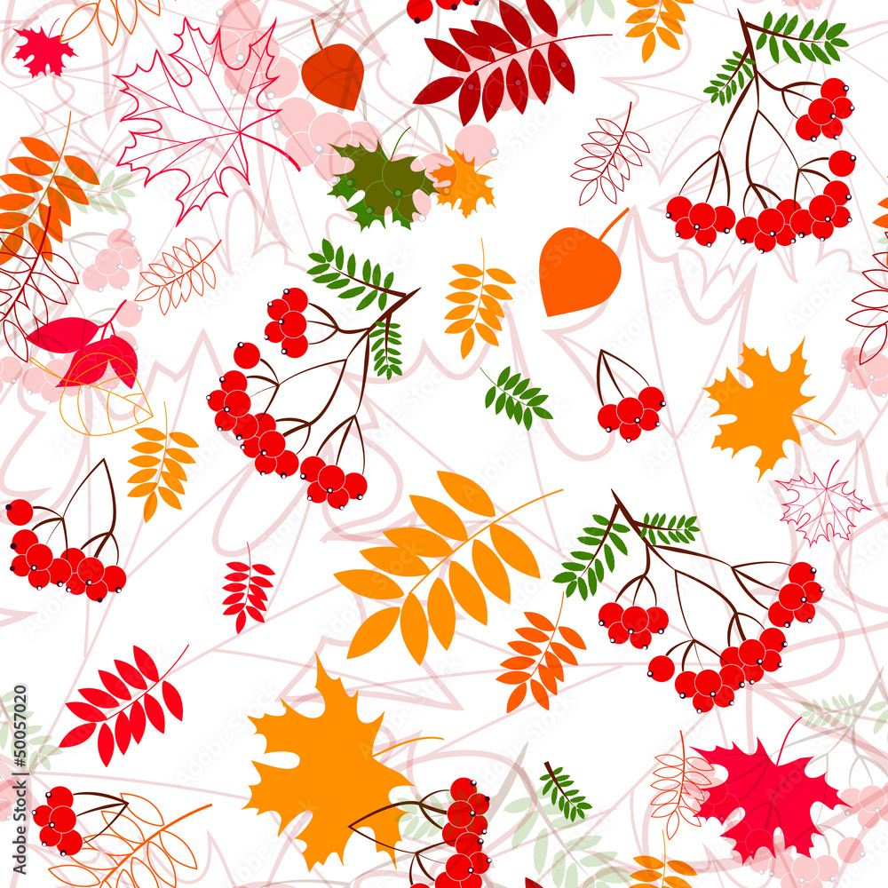A seamless leaf and rowanberrys pattern vector background.