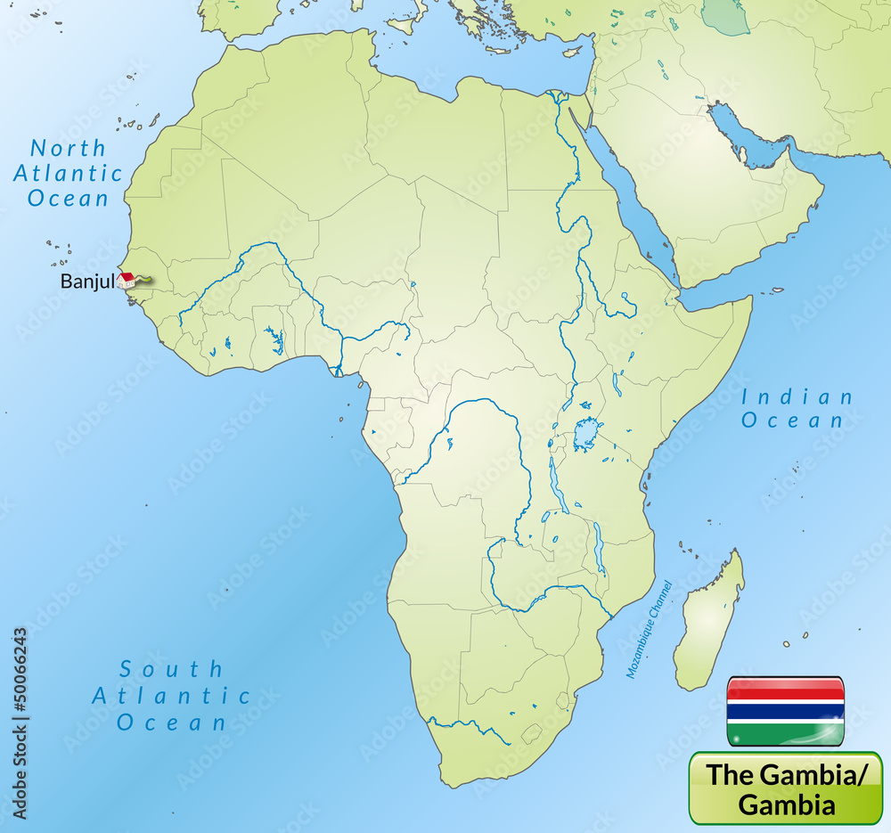 Übersichtskarte von Gambia mit Landesflagge