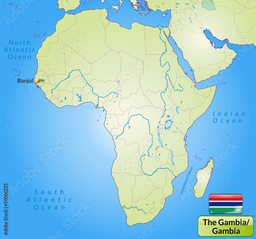 Übersichtskarte von Gambia mit Landesflagge