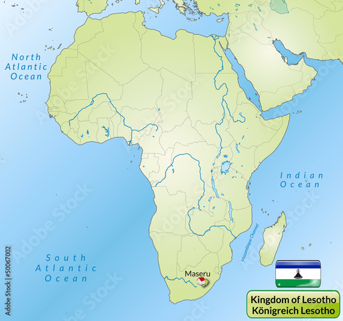 Übersichtskarte von Lesotho mit Landesflagge