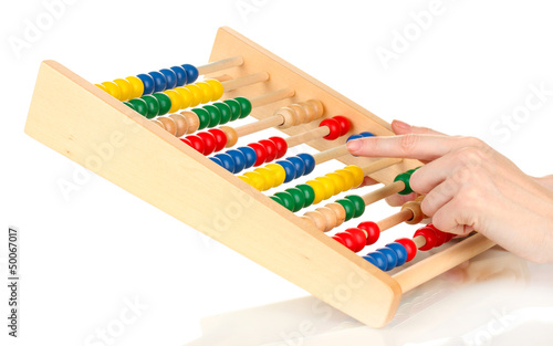 Accountant counting on abacus  isolated on white