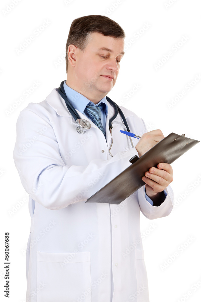 Medical doctor with stethoscope and clipboard isolated on white Medical doctor with stethoscope and clipboard isolated on white
