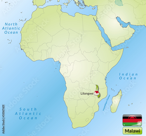 Übersichtskarte von Malawi mit Landesflagge
