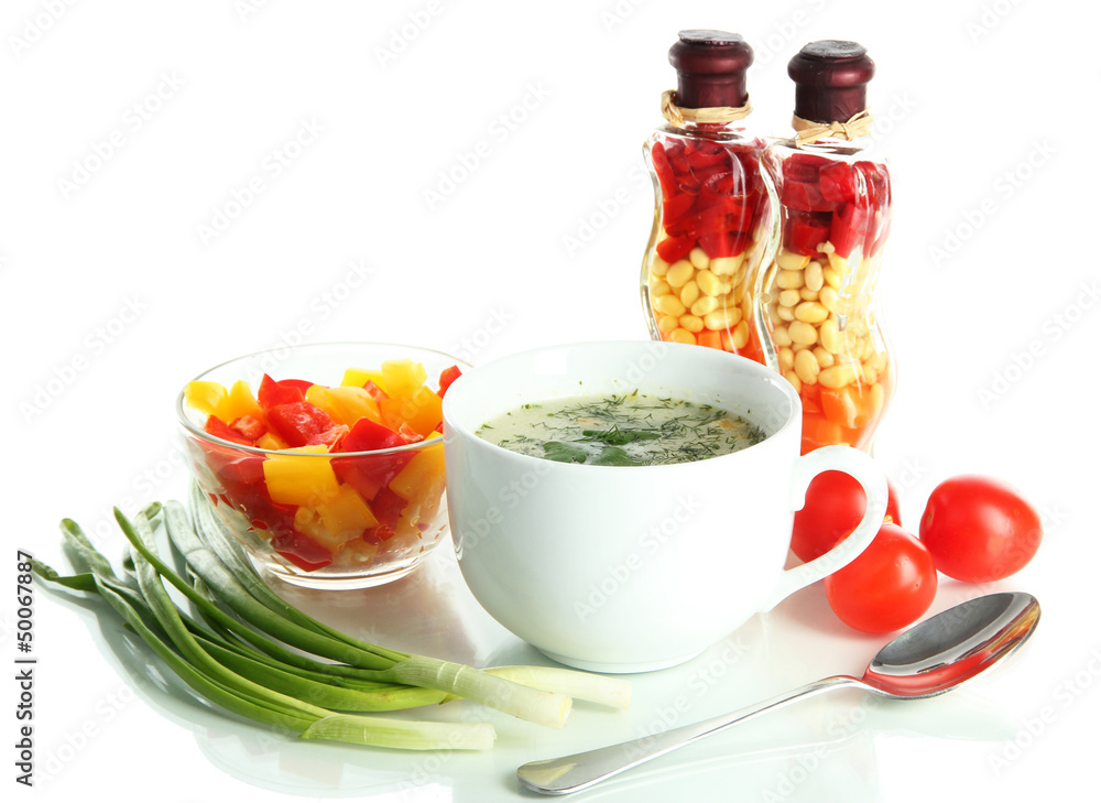 Fragrant soup in cup isolated on white Fragrant soup in cup isolated on white