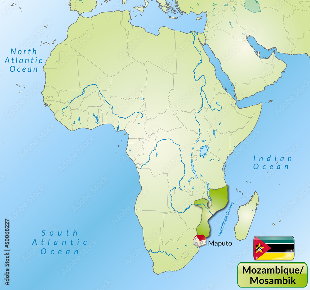 Übersichtskarte von Mosambik mit Landesflagge